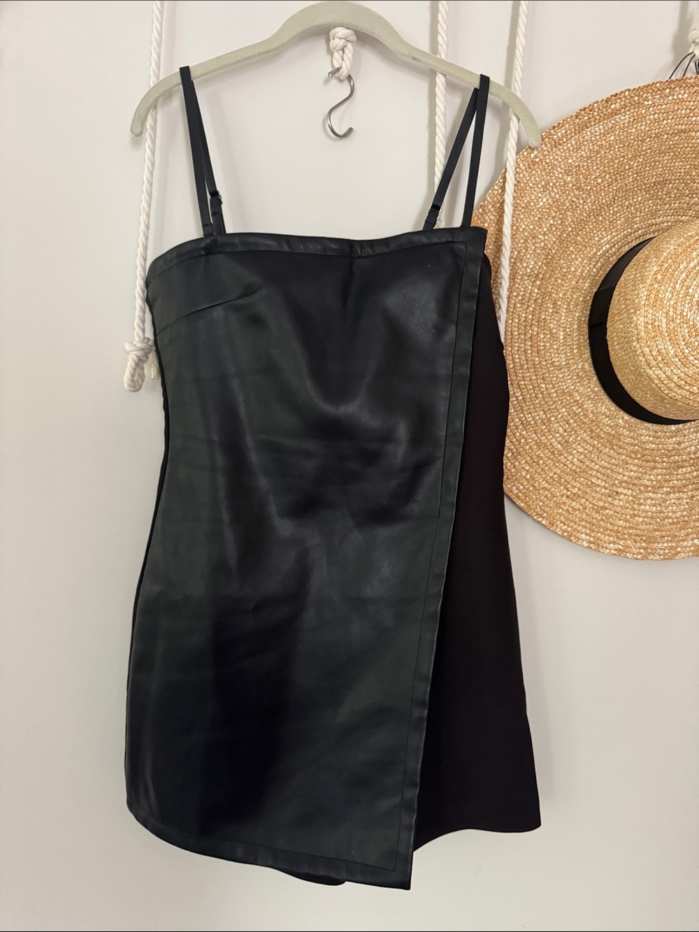 Maniere De Voir Black Faux Leather Paneled Mini Romper